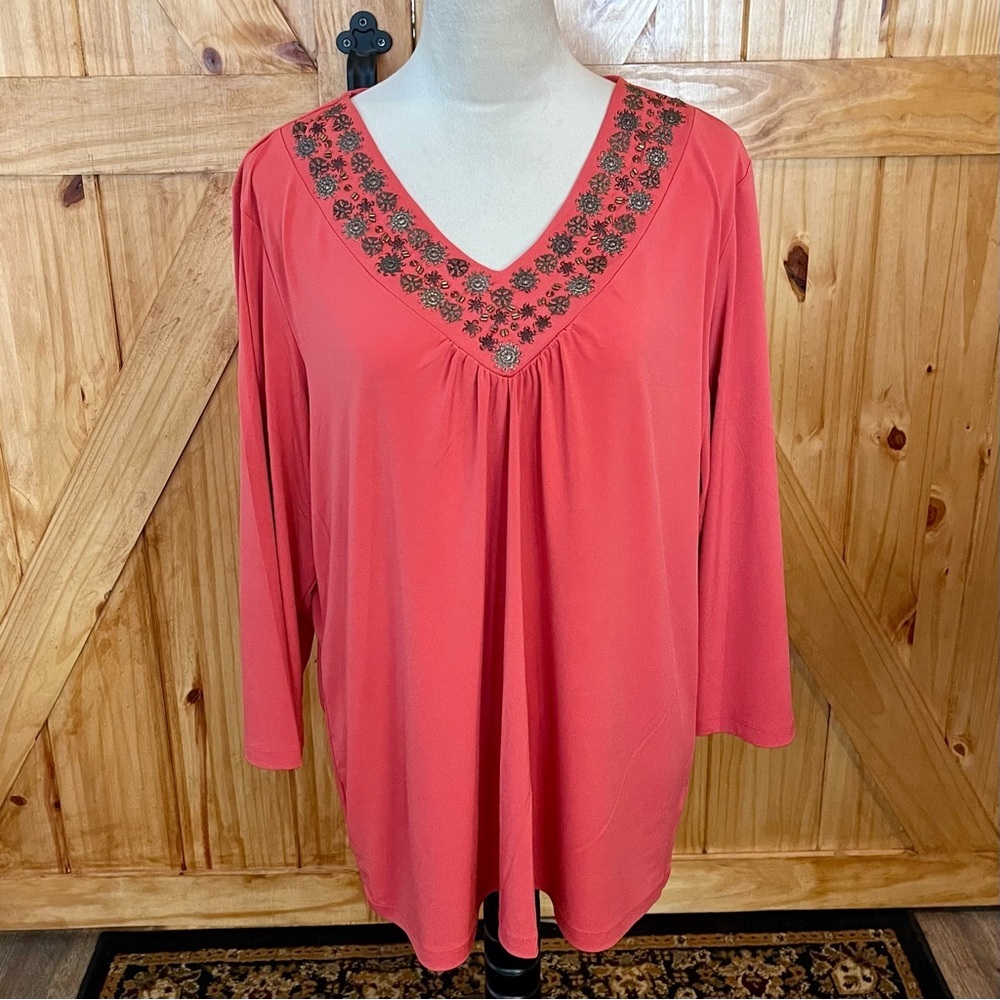 Susan Graver Coral Embellished 3/4 Sleeve Tunic